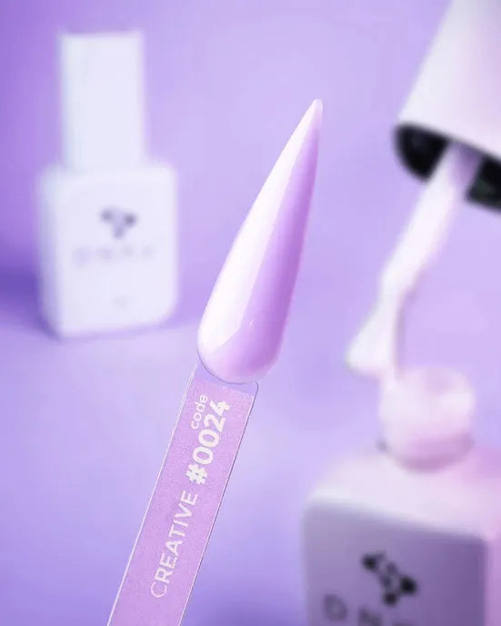 Lilac nail gel polish swatch on display stick, code 0024, with bottle in background