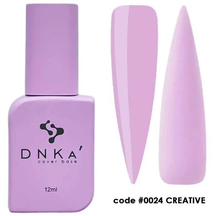 Light purple rubber base gel polish bottle with color swatches, code 0024 CREATIVE