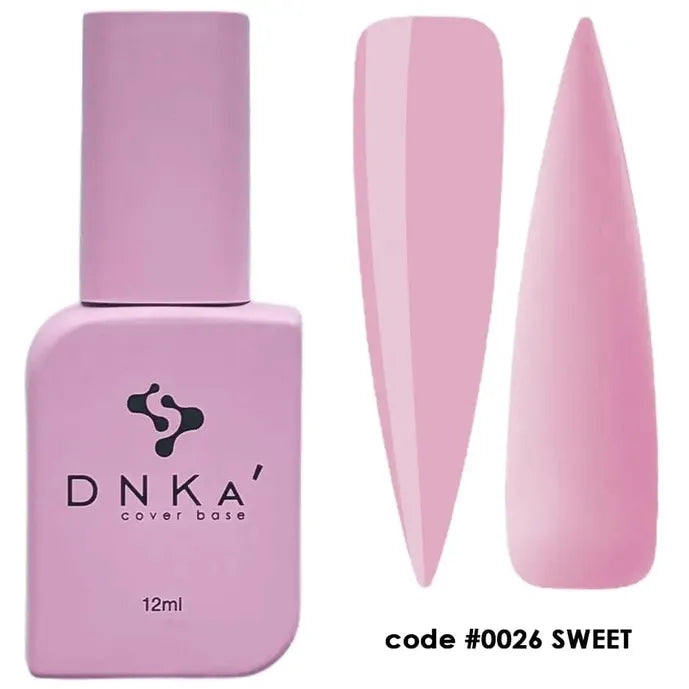 Pink DNKA' cover base nail gel polish bottle with two pink nail swatches, code 0026 SWEET