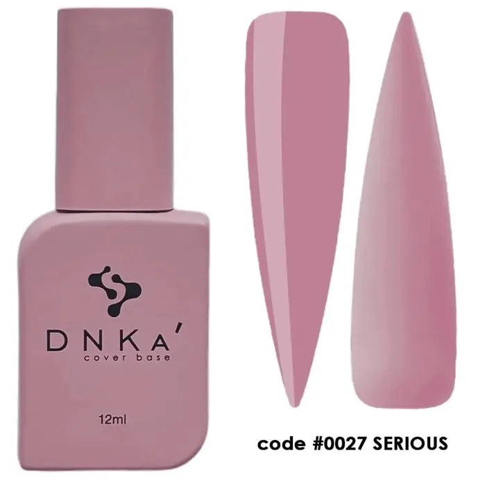 DNKA rubber cover base gel bottle with two mauve nail color samples, code 0027 SERIOUS
