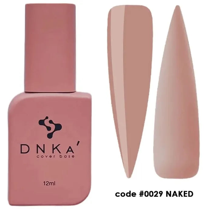 DNKA cover base gel bottle with nude pink polish swatches, code 0029 NAKED, nail product
