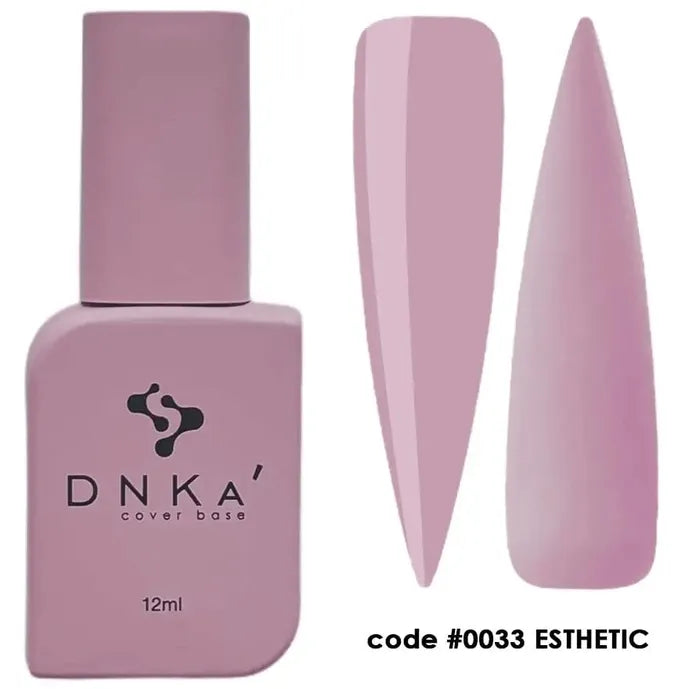Mauve pink nail polish bottle with matching swatches, DNKA cover base, code #0033 Esthetic.