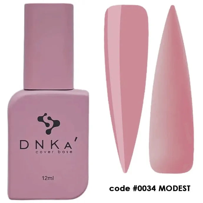 DNKA cover base rubber nail gel bottle in mauve pink shade, code 0034, with color swatches