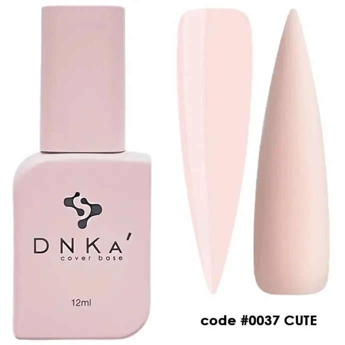 Light pink rubber cover base nail polish bottle with two nail sample swatches, code 0037 CUTE.