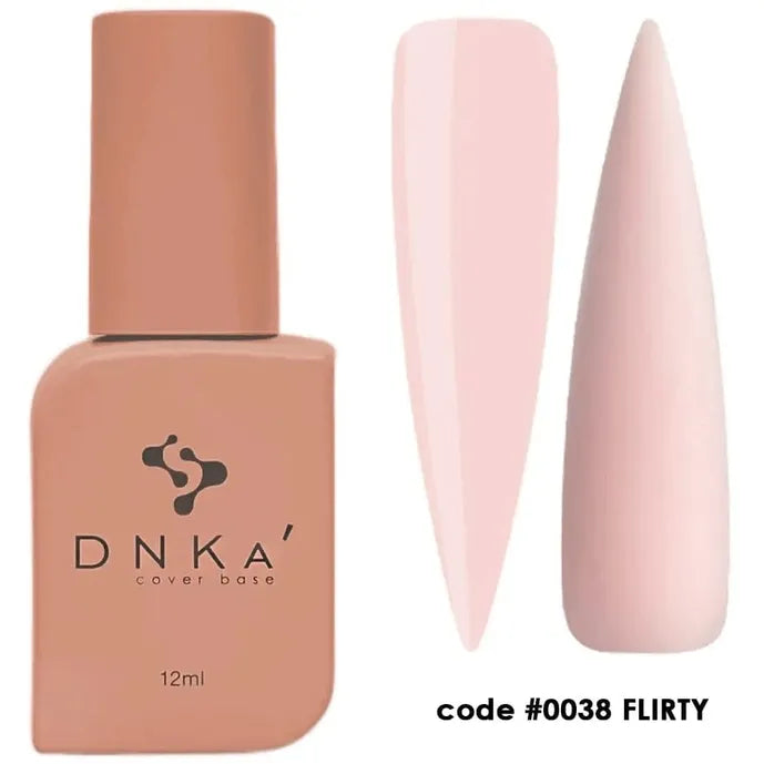 DNKA rubber cover base gel polish bottle with swatches in pale pink, code 0038 FLIRTY