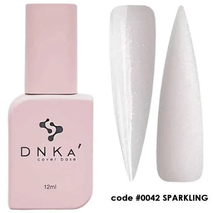 Rubber base coat bottle with two white sparkling nail tips, code 0042 SPARKLING.