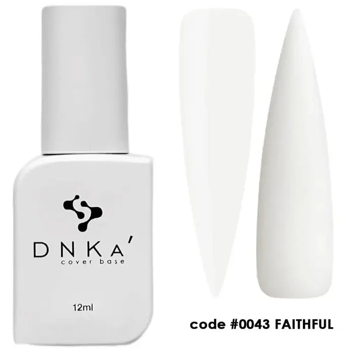 White rubber base gel polish bottle with sample swatches, code 0043 Faithful for nails