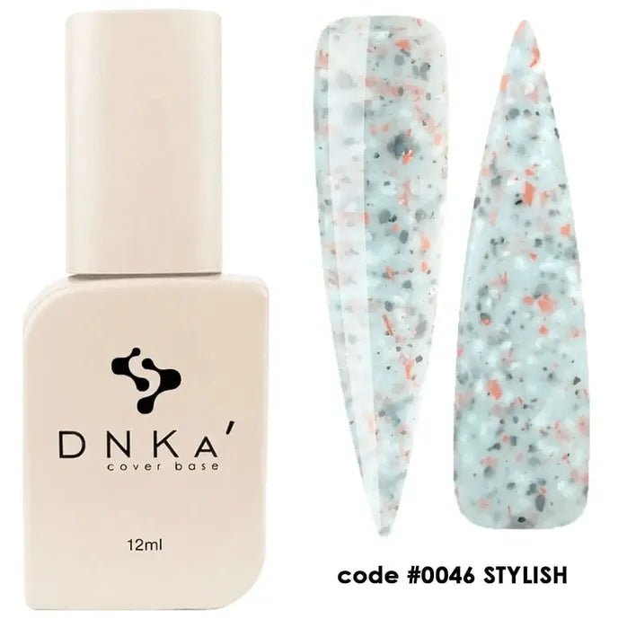 DNKA cover base 12ml bottle with sample swatches, speckled light blue nail gel polish, code 0046