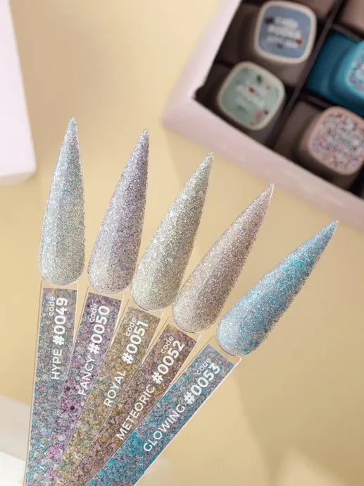 Five glitter gel nail polish swatches in pastel colors with labels, manicure product display.