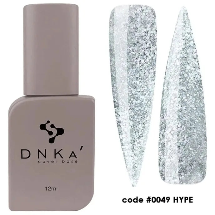 DNKA cover base gel polish bottle with two swatches of glittery silver nail gel, code 0049 HYPE