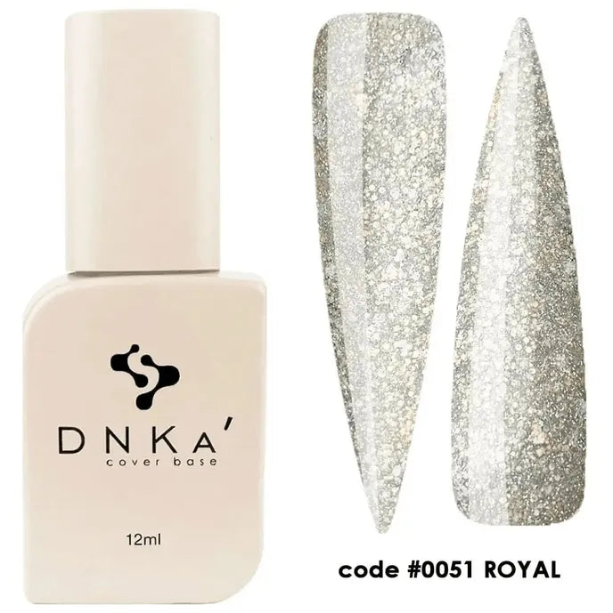 DNKA cover base gel polish bottle with two swatches of silver glitter nail color, code 0051 Royal