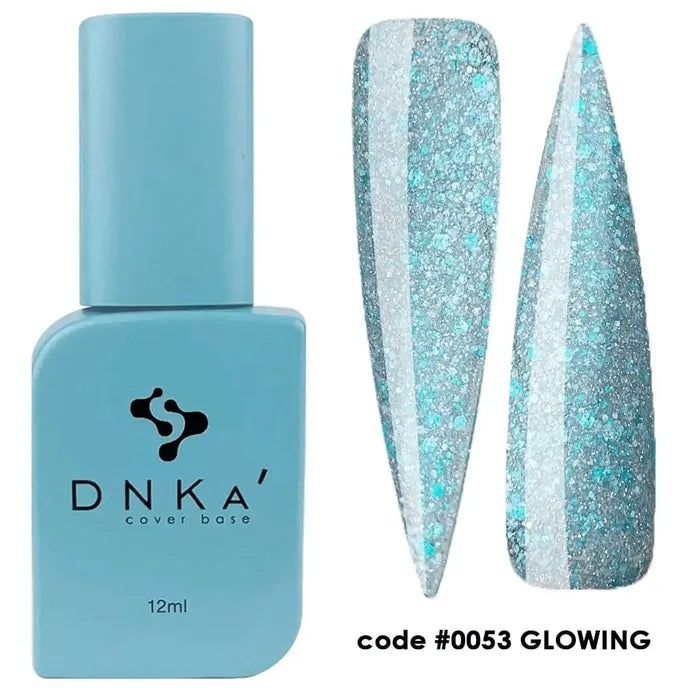 Blue DNKA' rubber cover base nail polish bottle with glitter blue and silver nail art swatches