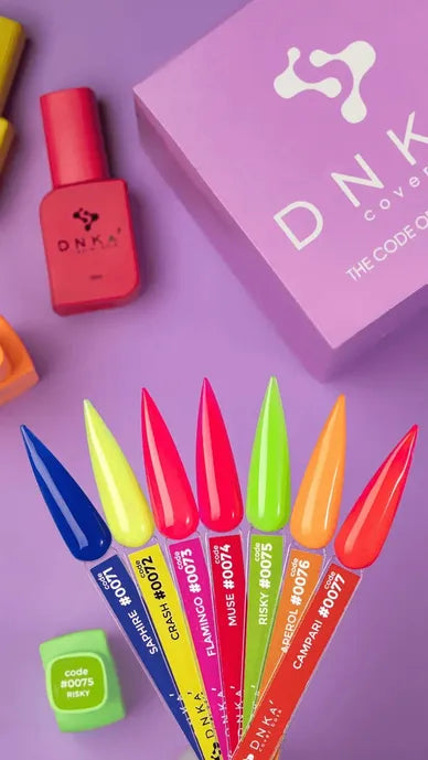 Assorted colorful gel nail polish swatches with DNKA bottles and packaging on purple background