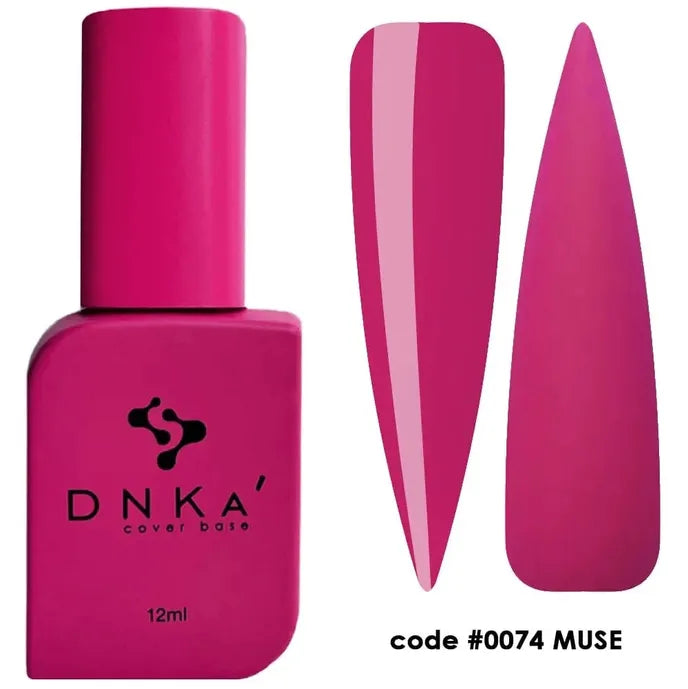 Pink DNKA cover base gel bottle with matching nail polish swatches, code 0074 MUSE