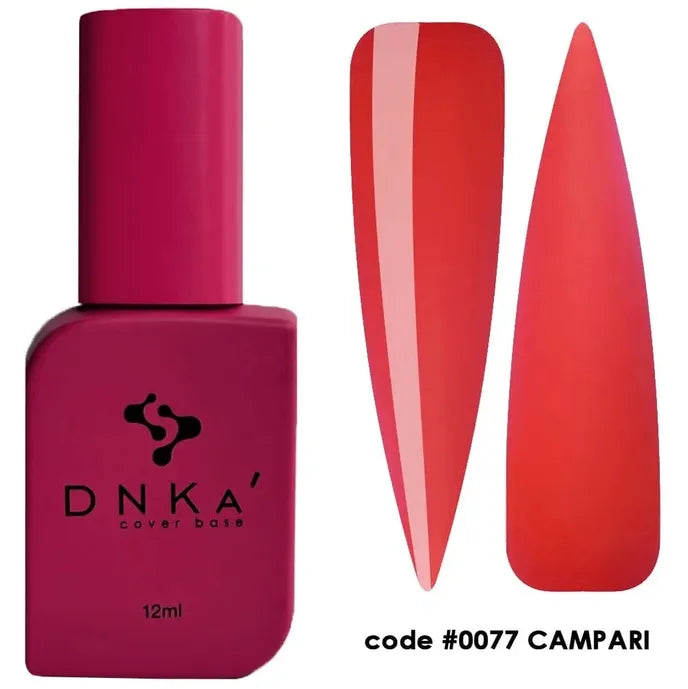 Red DNKA cover base nail polish 12ml with glossy and matte color swatches, code 0077 Campari