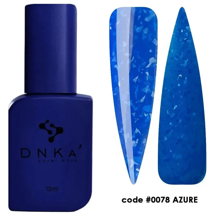 Blue gel polish bottle with two azure glitter nail swatches, code 0078 Azure