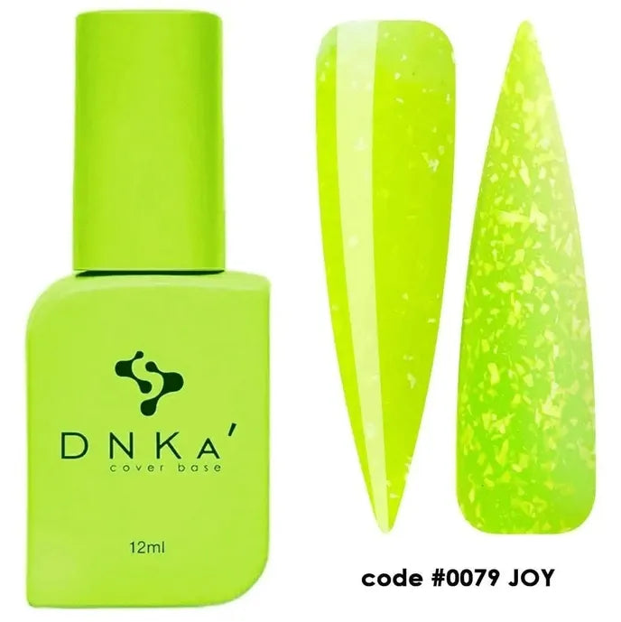 Lime green cover base nail gel polish bottle with matching nail swatches, code 0079 JOY