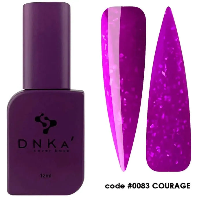 Purple nail polish bottle with two vibrant fuchsia glitter gel nail swatches, code 0083 COURAGE
