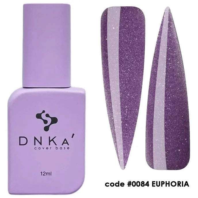 Purple cover base gel polish bottle with two purple nail samples, glittery finish, code 0084 Euphoria