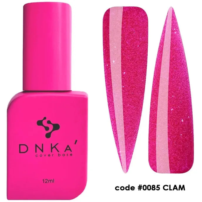 Pink DNKA cover base gel polish bottle with glittery pink nail swatches, code 0085 CLAM