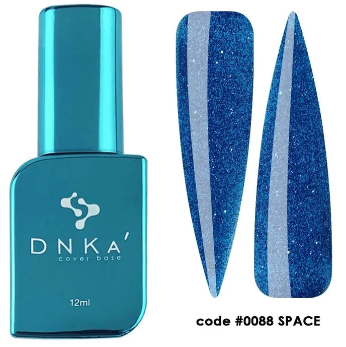 Blue DNKA cover base nail polish bottle with glittery blue gel polish swatches, code 0088 SPACE