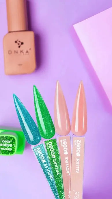 Nail gel color samples in blue, green, and nude shades with ONKA polish bottles on purple background