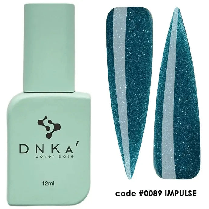 Teal glitter nail polish bottle and swatches, DNKA cover base, code 0089 IMPULSE, 12ml