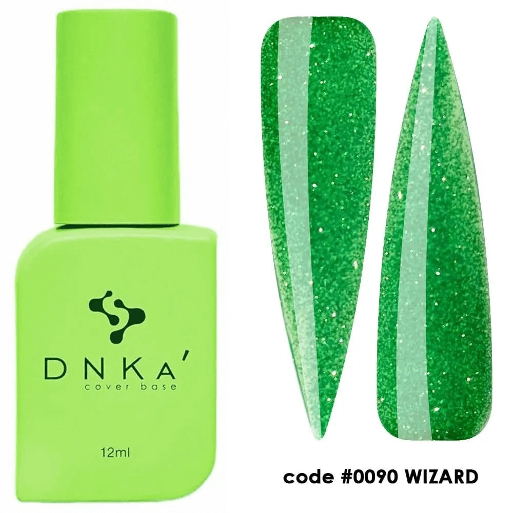 Green DNKA cover base nail gel bottle with two swatches of glittery green polish, code 0090 Wizard.