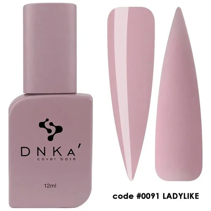 Light mauve cover base nail gel bottle with matching color swatches, code 0091 ladylike