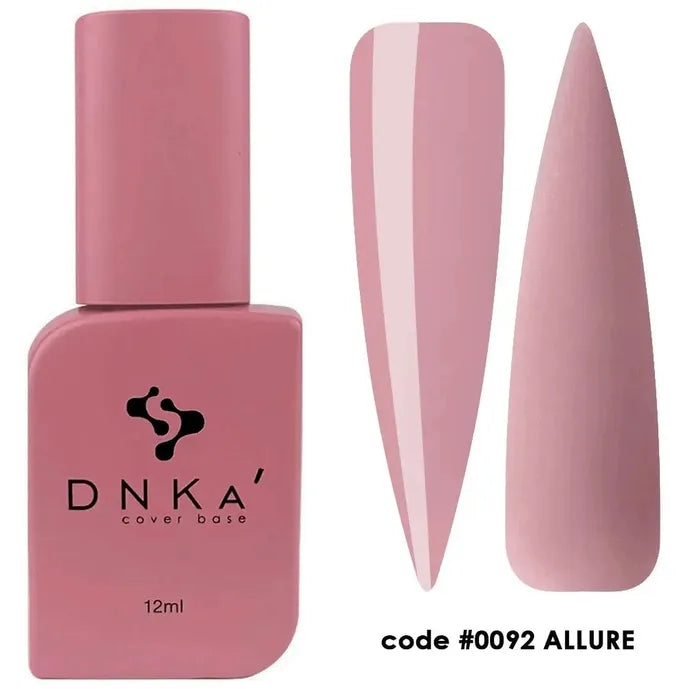 Pink DNKA cover base nail polish bottle with swatches, code 0092 Allure, manicure product
