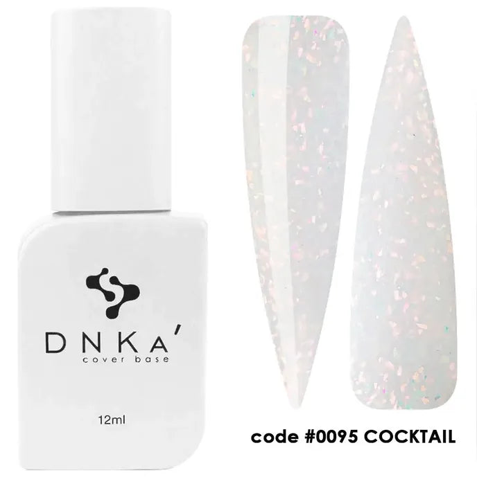 DNKA rubber cover base nail gel bottle and swatches, code 0095, shimmery white polish