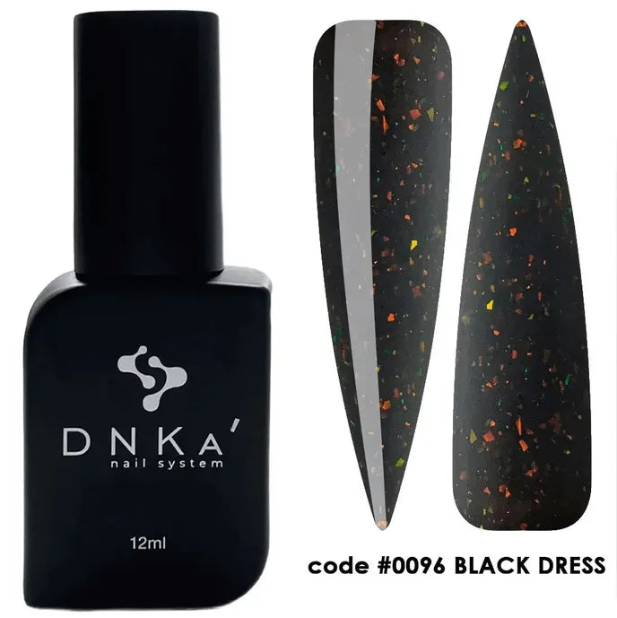 Black gel nail polish bottle with colorful flake effect swatches, code 0096 Black Dress