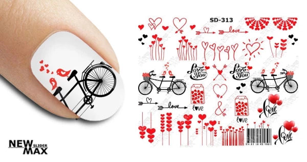 Romantic bike and heart nail art stickers in red and black for manicure decoration.