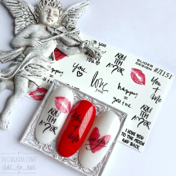 Romantic nail art slider stickers with love-themed text, lip prints, and decorative designs.