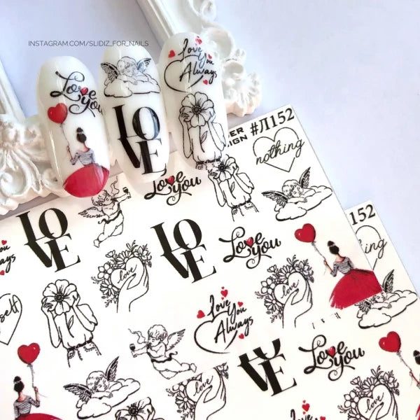 Valentine's day nail art decals with love-themed designs, red hearts, and romantic sketches.