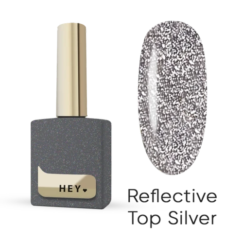 Reflective silver glitter nail polish bottle and color swatch, professional manicure supplies
