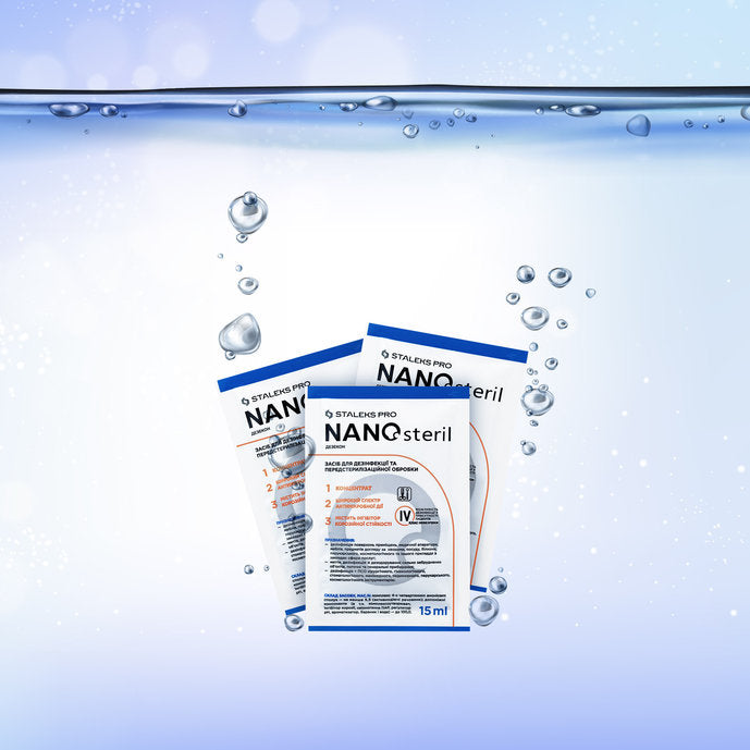 Staleks Pro NANOsteril disinfectant sachets for manicure tools with water droplets theme