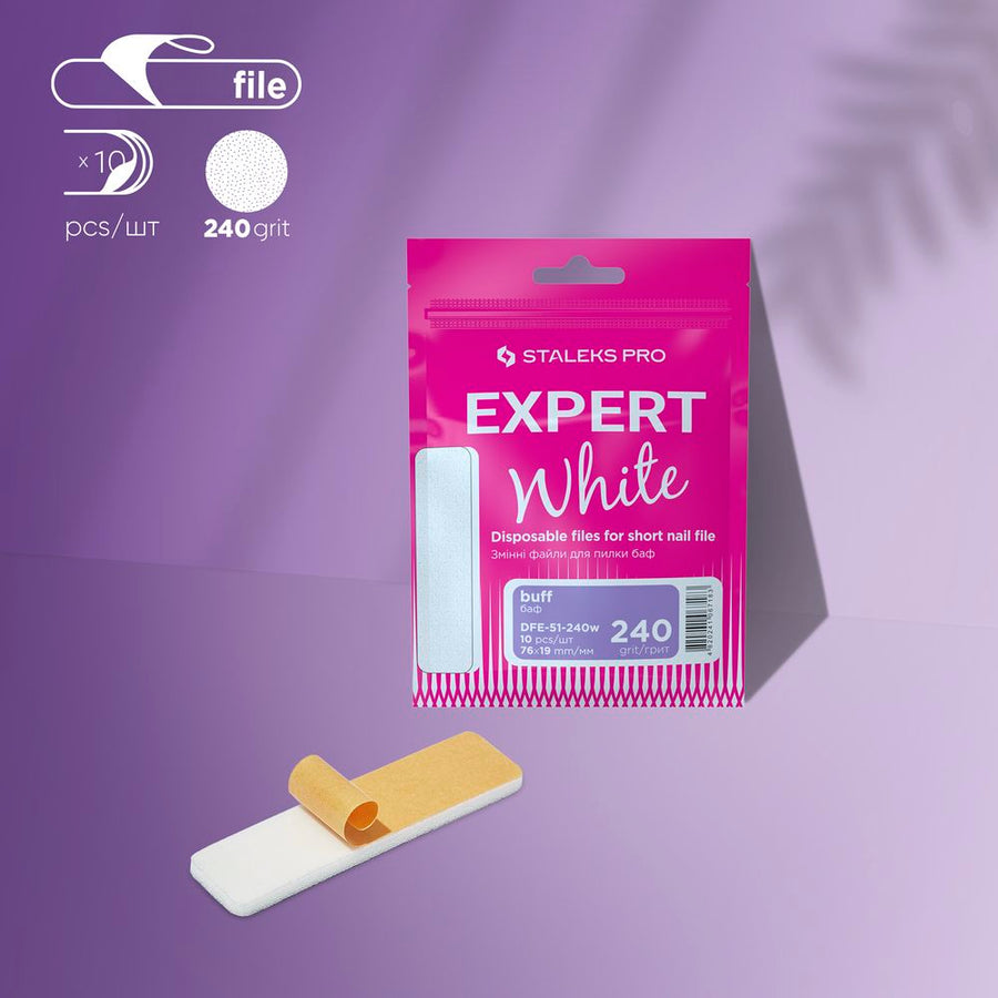 Staleks Pro Expert White disposable nail files packaging on a purple background