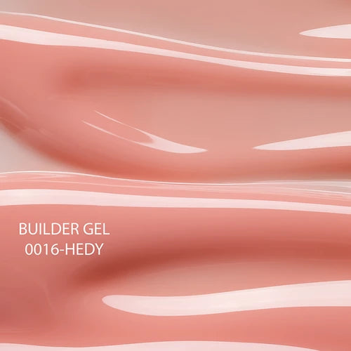 Close-up of glossy pink builder gel texture with text 'BUILDER GEL 0016-HEDY'.