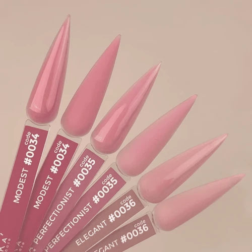 Pink UV gel nail polish color swatches on long stiletto nail tips for manicures