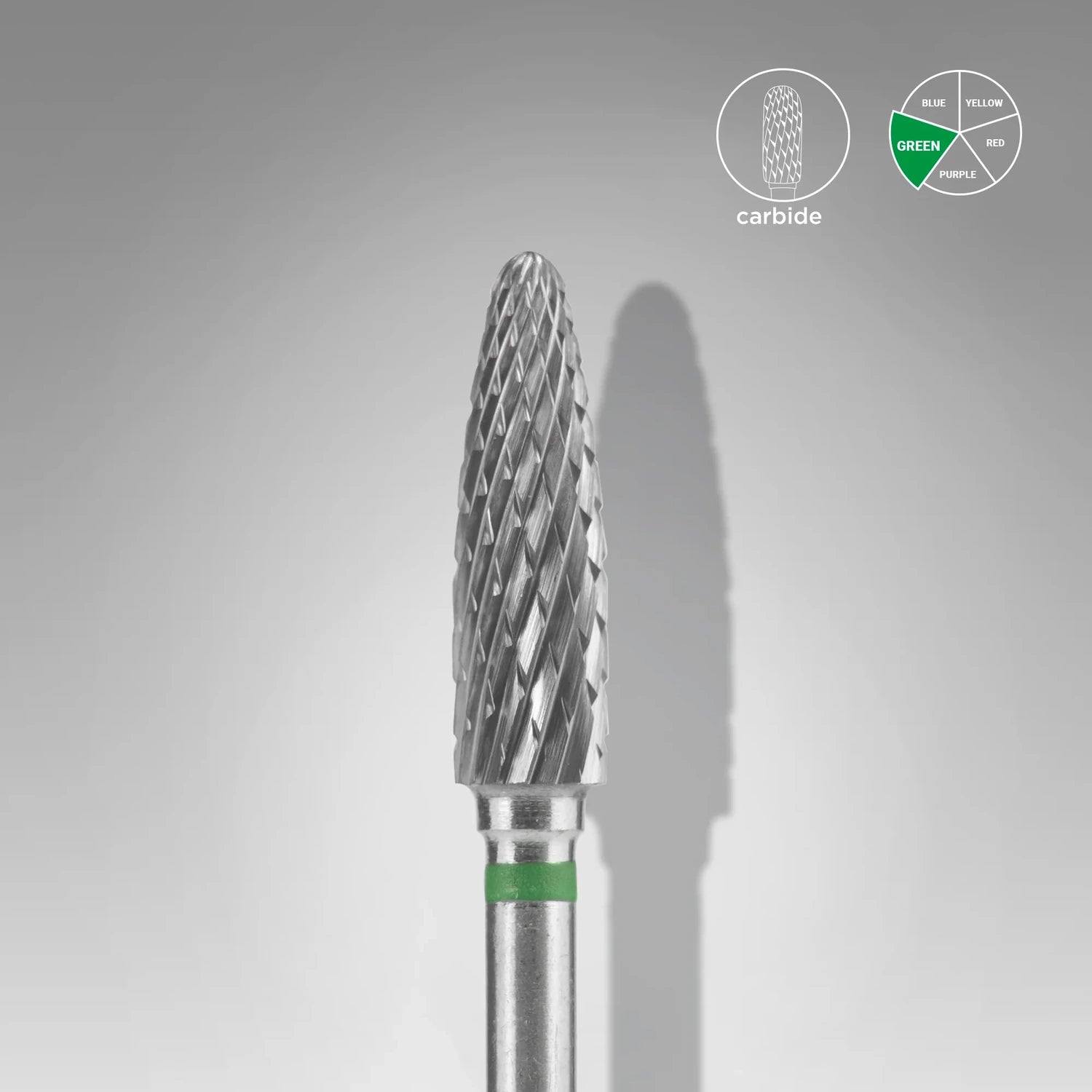 Silver carbide nail drill bit with a green band for manicure and pedicure