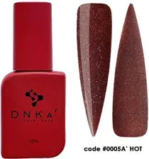 Red gel nail polish bottle with two shimmery swatches, 12ml, code 0005A HOT.