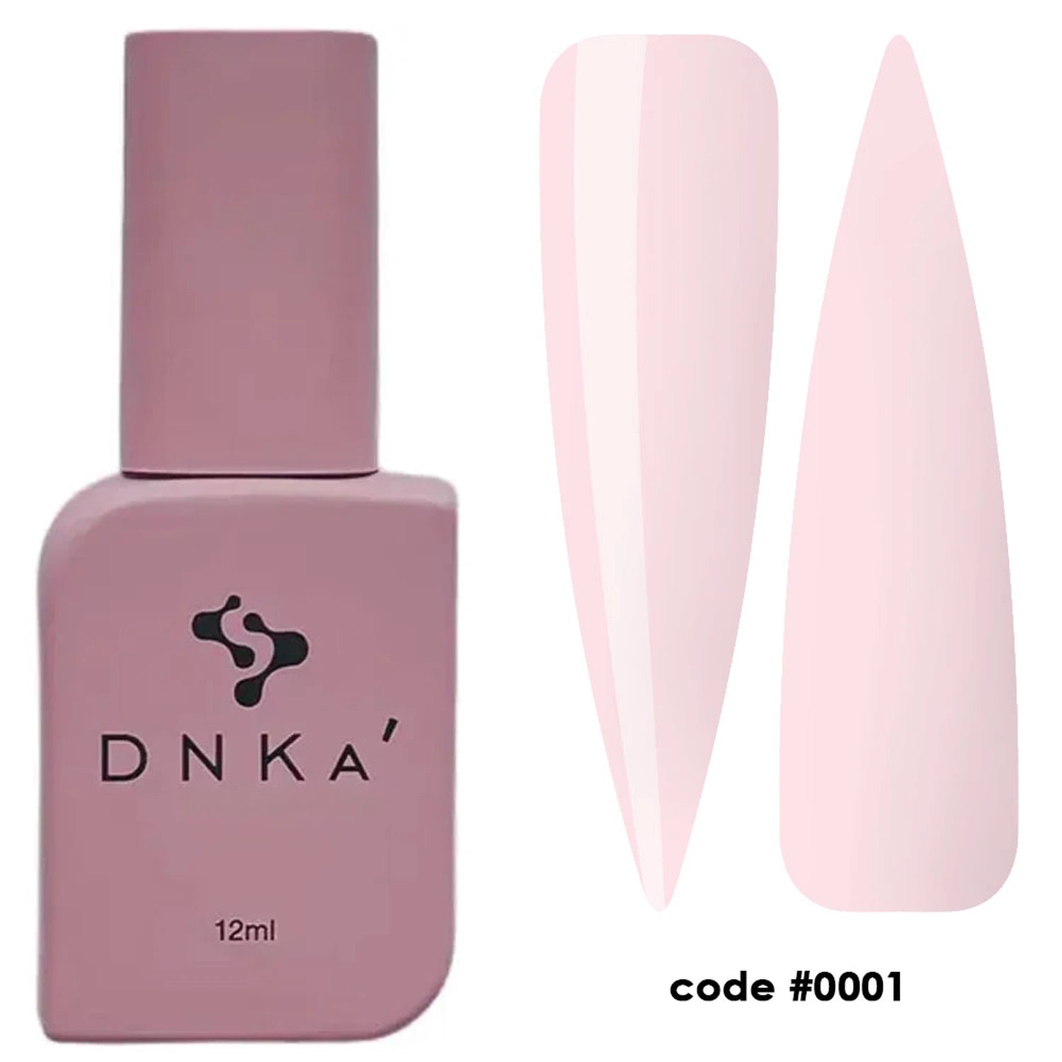 Light pink gel nail polish bottle with two nail swatches, code 0001, for manicures