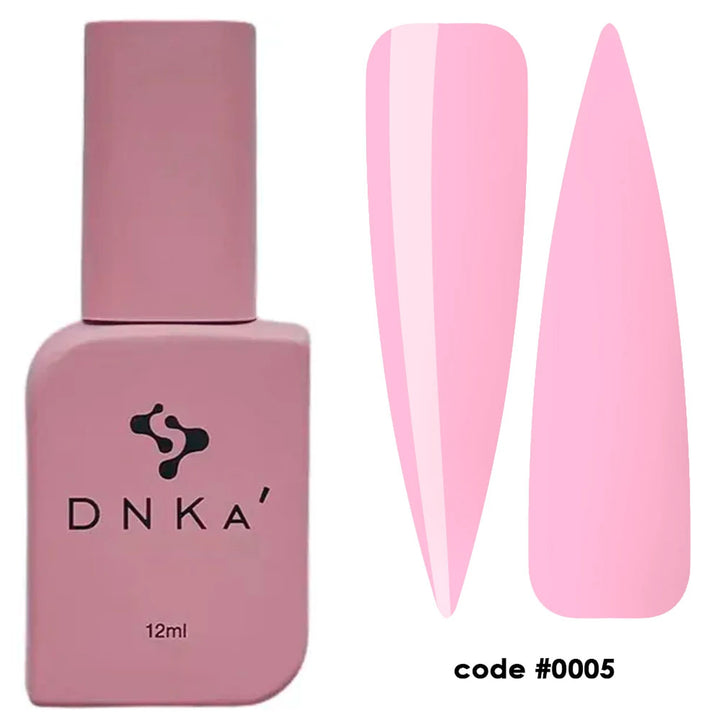 Pink gel nail polish bottle with matching pink nail color swatches, code 0005, 12ml