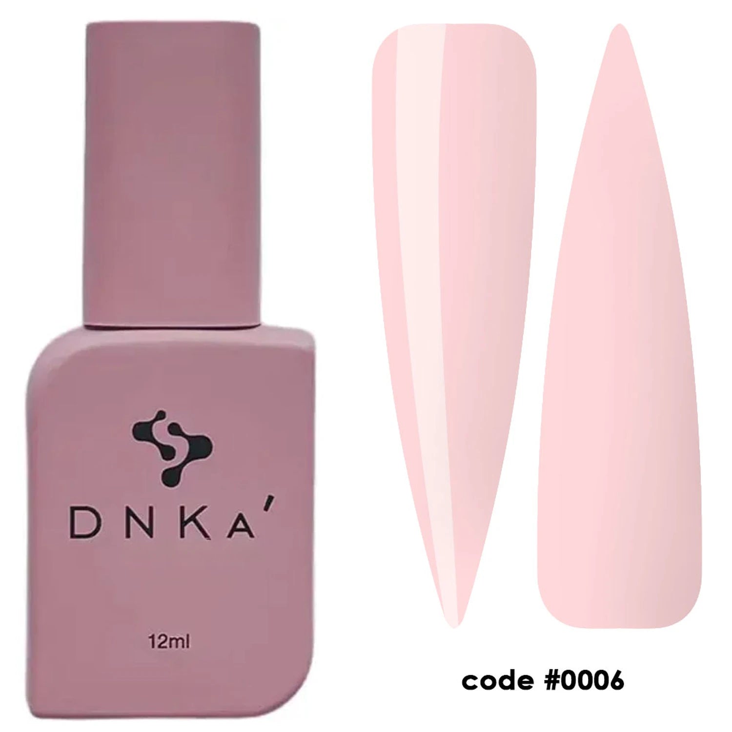 Light pink UV gel polish bottle with two nail swatches, code #0006, professional manicure