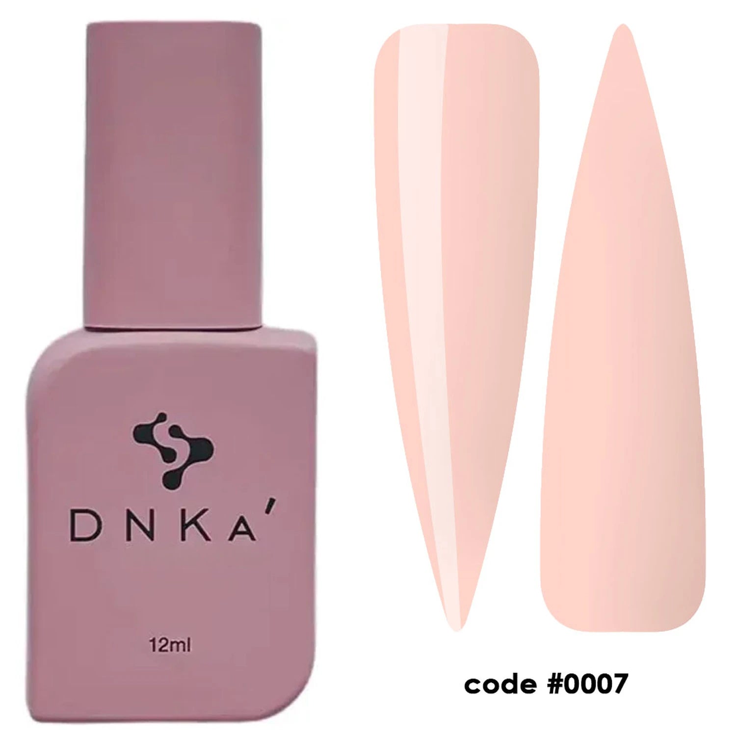 Nude pink UV gel polish bottle with two nail swatches, code 0007, for manicures