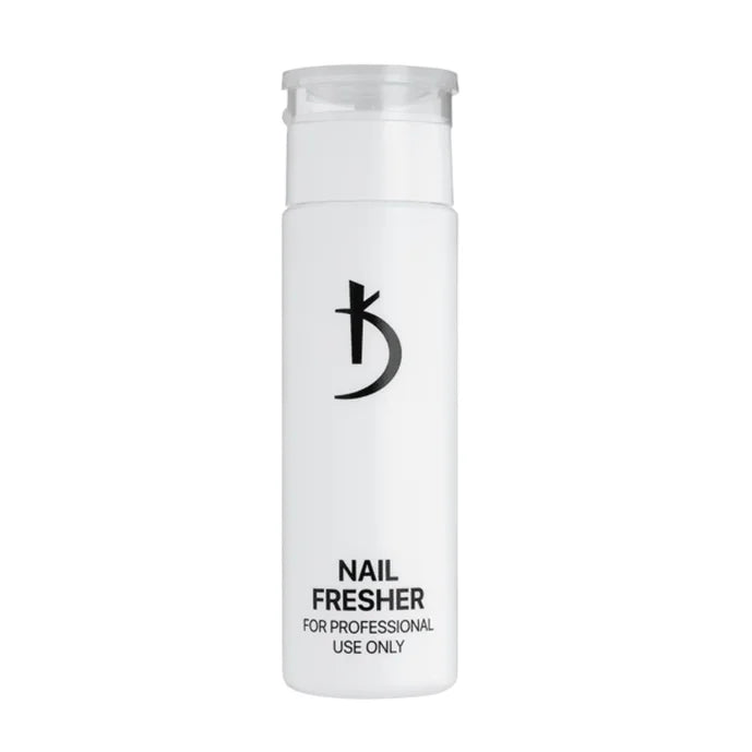 White bottle of nail fresher for professional manicure use, isolated on white background.
