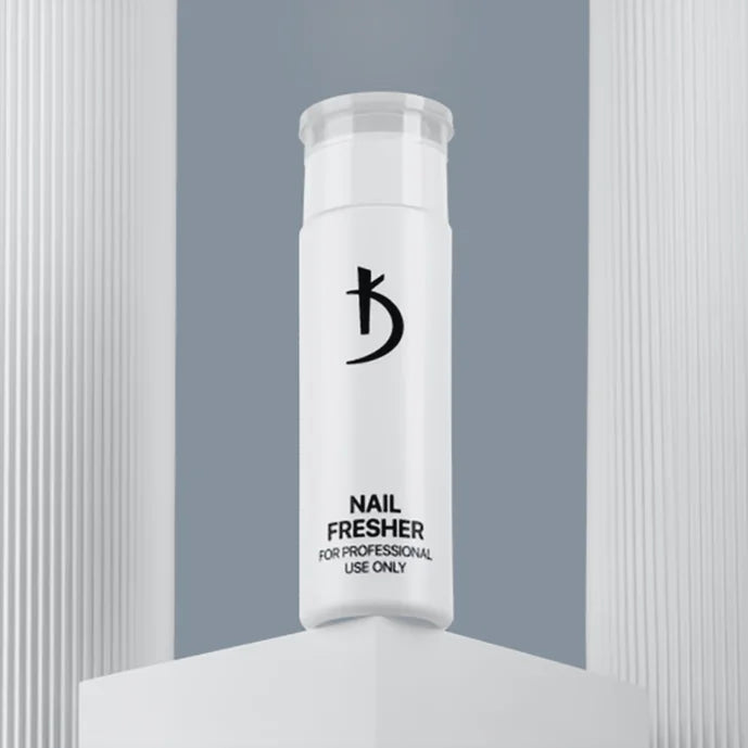 White professional nail fresher bottle for manicure on modern grey and white pedestal