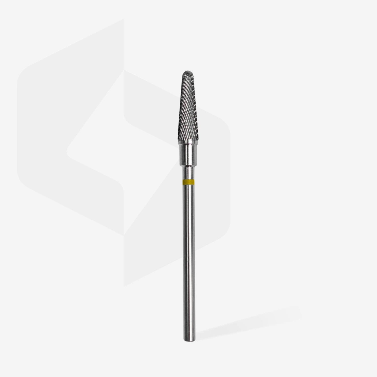 Carbide nail drill bit for manicures and pedicures, silver with yellow ring, on white background