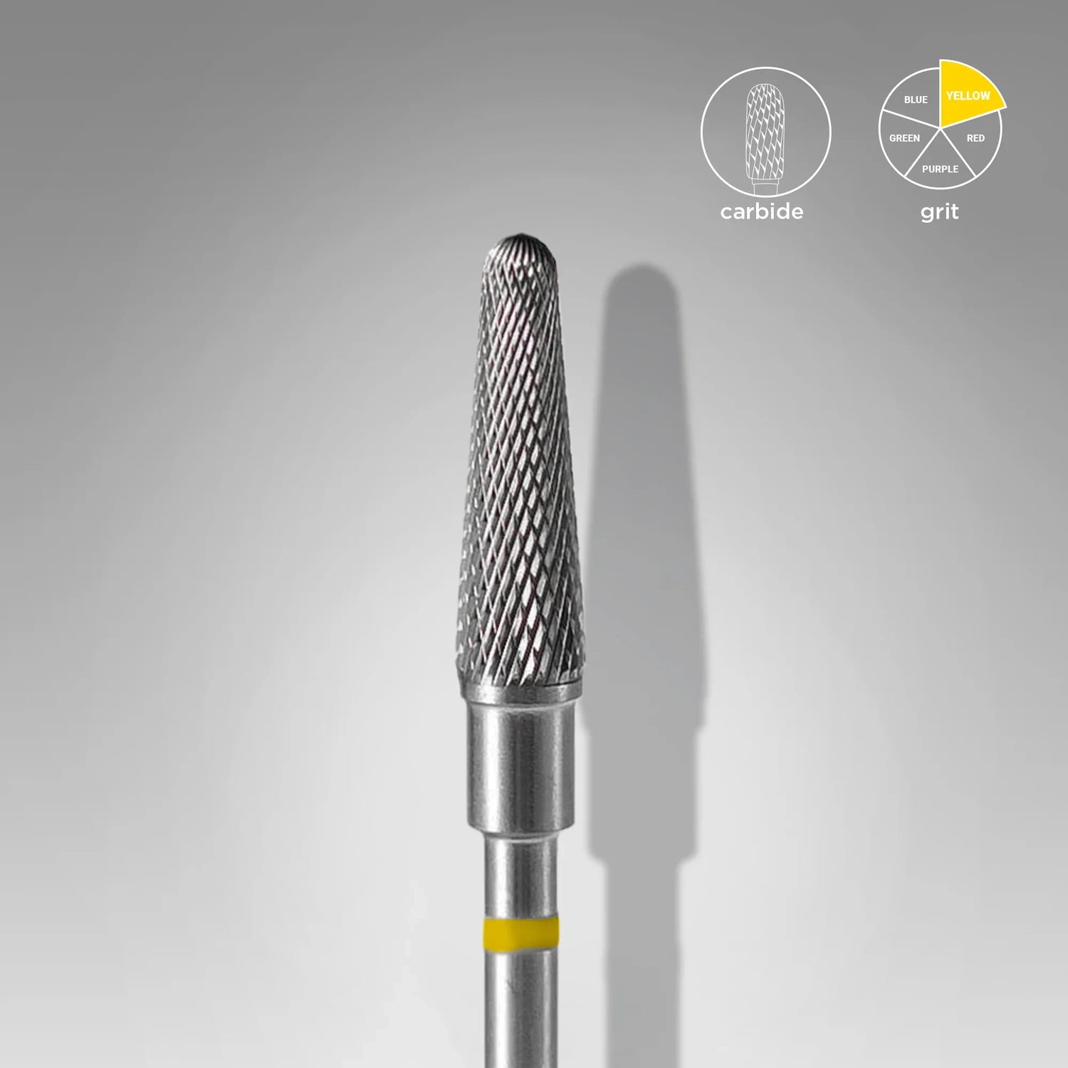 Carbide nail drill bit with yellow grit band for professional manicure or pedicure